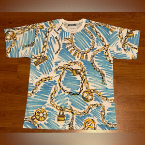 MOSCHINO unisex gold chain tshirt in blue and yellow